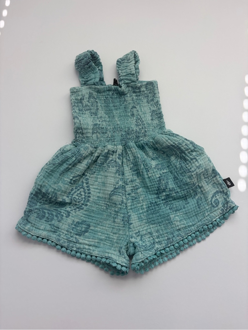 Volcom 24m Girls' Teal Paisley Cotton Romper with Pom Trim